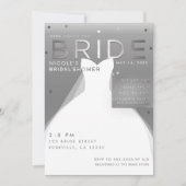 銀と白のシックなブライダルシャワー ここ comes BRIDE 招待状 (正面)