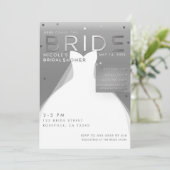 銀と白のシックなブライダルシャワー ここ comes BRIDE 招待状 (スタンド正面)