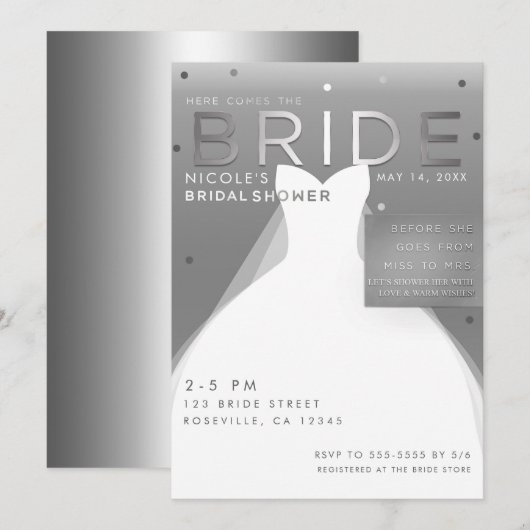 銀と白のシックなブライダルシャワー ここ comes BRIDE 招待状 (正面/裏面)