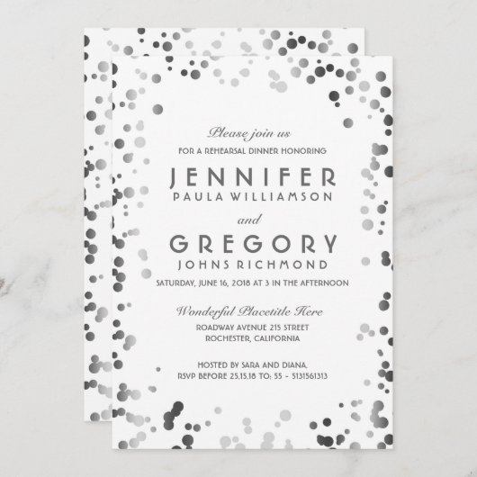銀と白の紙吹雪ヴィンテージリハーサルディナー 招待状 (正面/裏面)