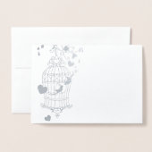 銀と白の鳥かごの結婚サンキューカード 箔カード (封筒付き正面)