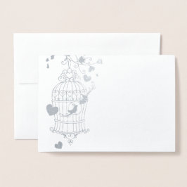 銀と白の鳥かごの結婚サンキューカード 箔カード