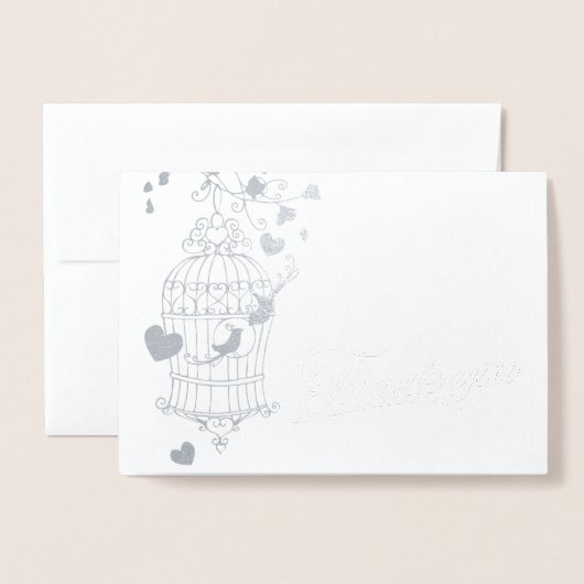 銀と白の鳥かごの結婚サンキューカード 箔カード (封筒付き正面)