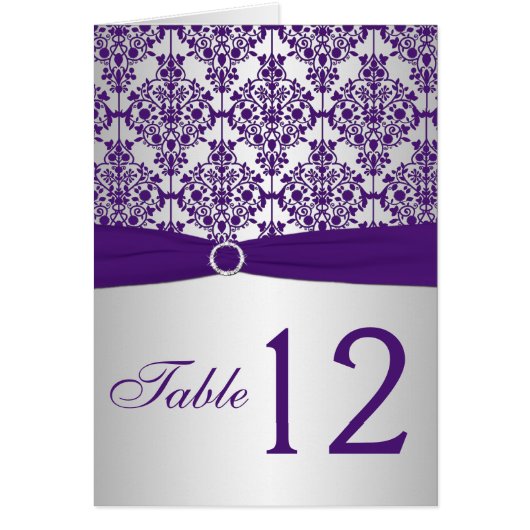 銀と紫のダマスクのテーブル番号カード (正面)