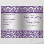 銀と紫のダマスクの結婚式プログラム (正面)