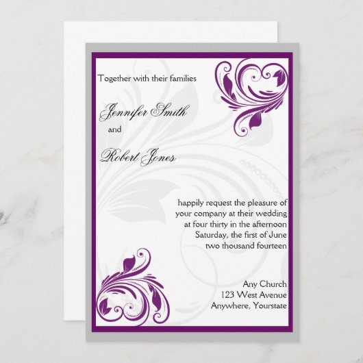 銀と紫のフローラハート結婚式招待状 招待状 (正面/裏面)