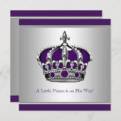 銀と紫の王子小さな王子の赤ちゃんシャワー 招待状 (正面/裏面)