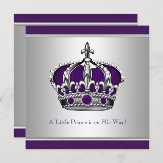 銀と紫の王子小さな王子の赤ちゃんシャワー 招待状 (正面/裏面)