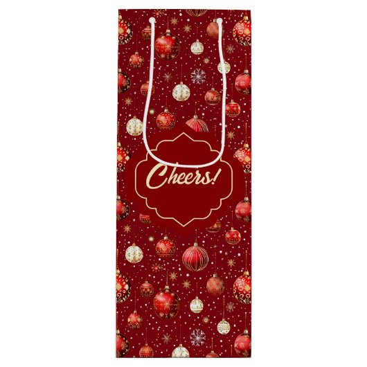 銀と赤のクリスマスボール ワインギフトバッグ (正面)