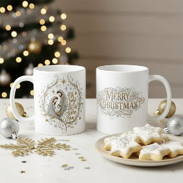 銀と金のキリスト降誕のシーン クリスマス コーヒーマグカップ