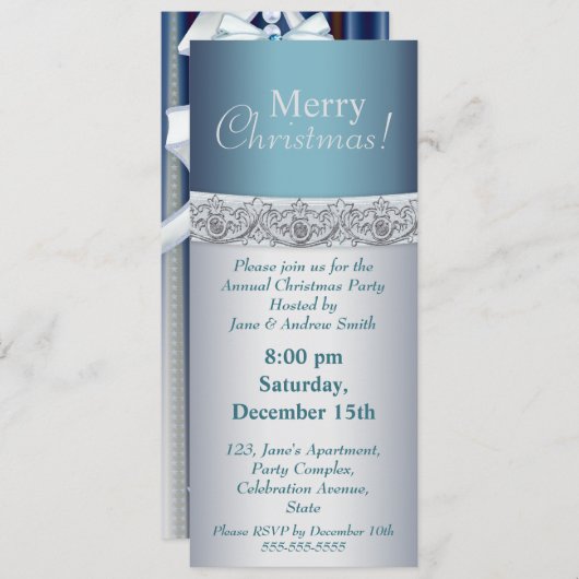 銀と青のクエレガントリスマスパーティの招待状 招待状 (正面/裏面)