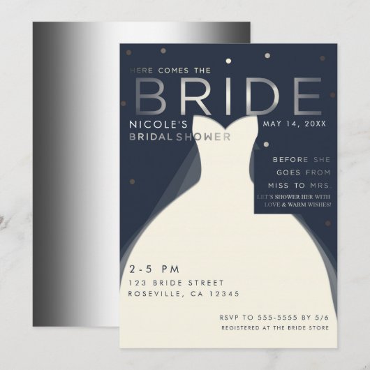 銀と青のシックなブライダルシャワー ここ comes BRIDE 招待状 (正面/裏面)