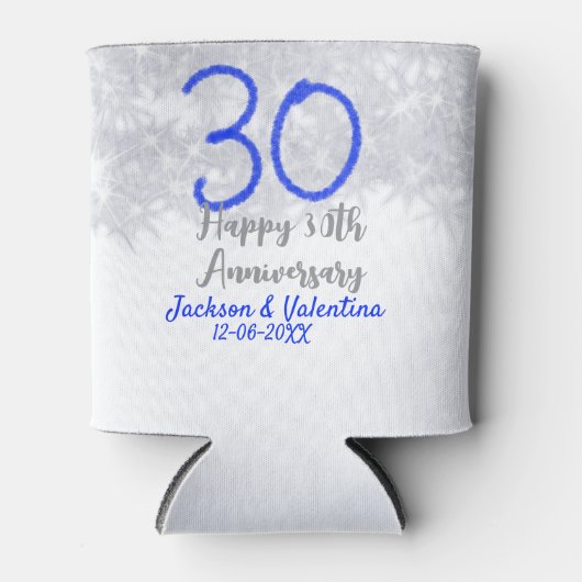 銀と青のラメでお祝いする結婚30周年記念 缶クーラー (正面)