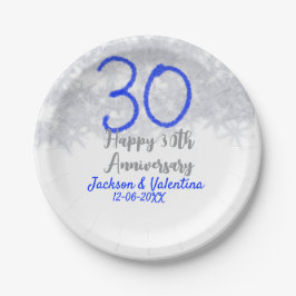 銀と青のラメでお祝い 30回目の結婚記念日おめでとう ペーパープレート
