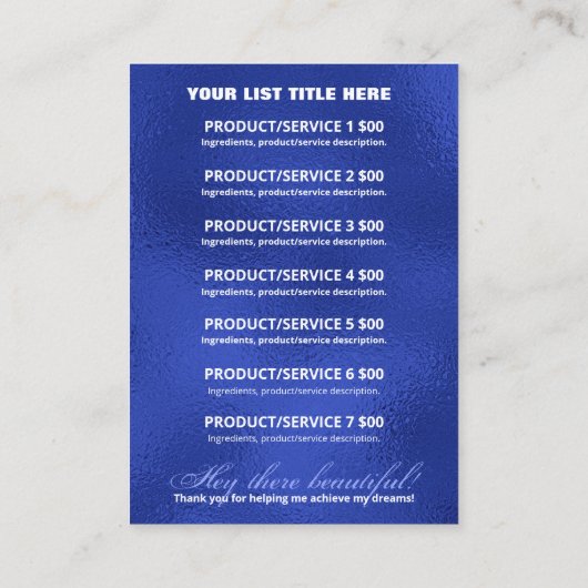 銀と青の商品価格表 名刺 (裏面)