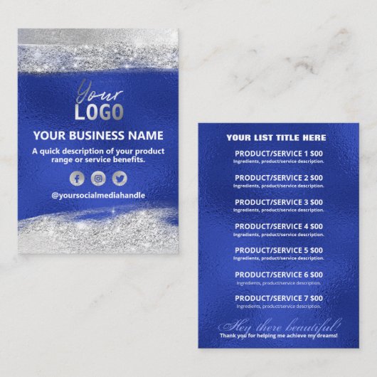 銀と青の商品価格表 名刺 (正面/裏面)