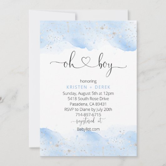 銀と青の水の色オ男の子ベビーシャワー 招待状 (正面)