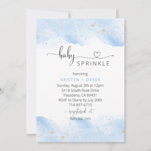 銀と青の水色の赤ちゃんシャワー散水 招待状 (正面)
