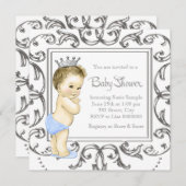 銀と青の王子の赤ちゃんシャワー 招待状 (正面/裏面)