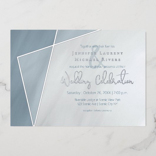 銀と非対称フレーム結婚ほこりっぽい青 箔招待状 (正面)