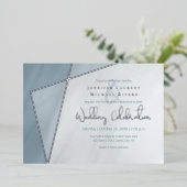 銀と非対称フレーム結婚ほこりっぽい青 箔招待状 (立ち正面)