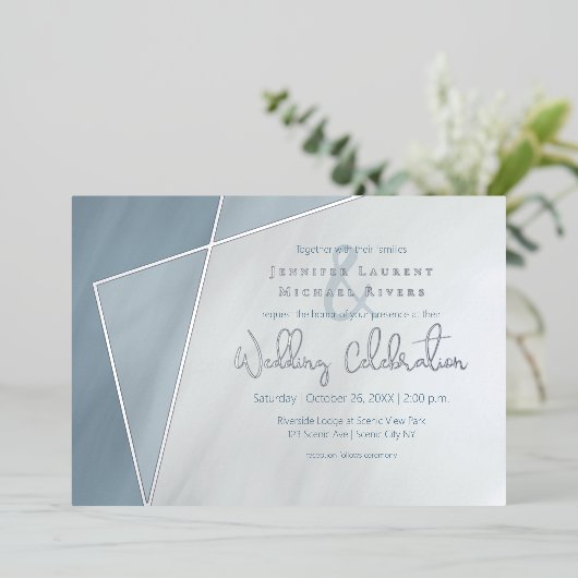 銀と非対称フレーム結婚ほこりっぽい青 箔招待状 (立ち正面)