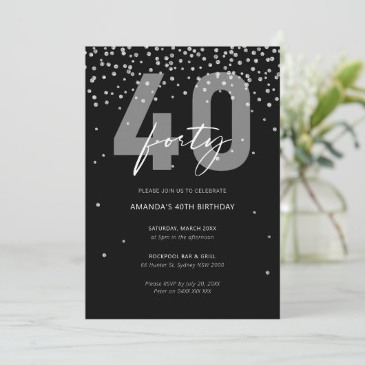 銀と黒のグリッターが輝く40歳の誕生日 招待状 (スタンド正面)