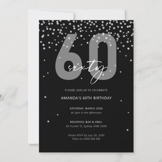 銀と黒のグリッターが60歳の誕生日を輝く 招待状 (正面)