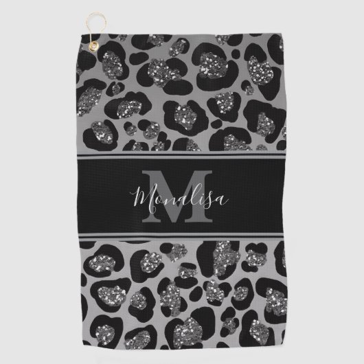 銀と黒の輝きを放つモノグラーパーソナライズされたム ゴルフタオル (正面)