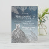 銀のほこりっぽい青いトロピカルドレスQuinceanera 招待状 (スタンド正面)