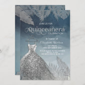 銀のほこりっぽい青いトロピカルドレスQuinceanera 招待状 (正面/裏面)