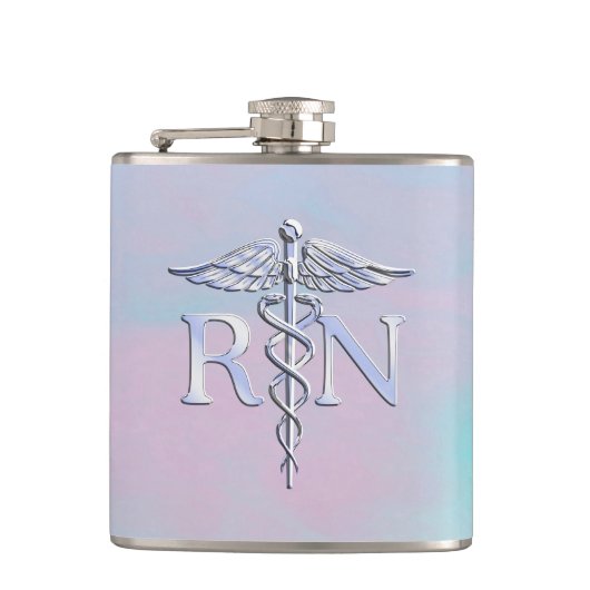 銀のようなRNカドゥセウス医療マザーパール フラスク (正面)