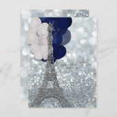 銀のエッフェル塔 ネイビーバルーンズ Save the Date 案内ポストカード (正面/裏面)