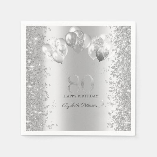 銀のギラギラ紙吹雪風船 80歳の誕生日 スタンダードカクテルナプキン (正面)
