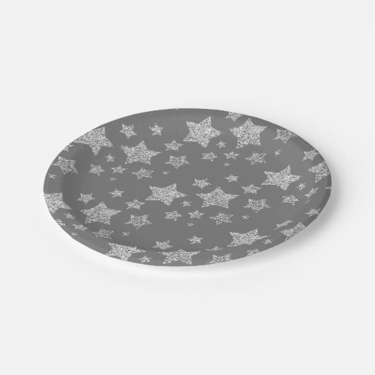 銀のグリッターがきらきらと星の模様を描くライトグレー ペーパープレート (アングル)