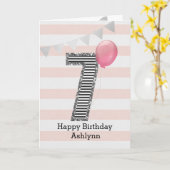 銀のグリッターとピンクの7歳の誕生日 カード (黄色い花)