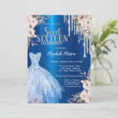 銀のグリッタードリップ、メタリックブルードレスフラワー 招待状 (スタンド正面)