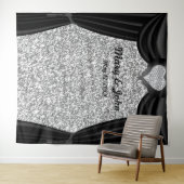 銀のグリッター ダイヤモンド ハート ブラックカーテン タペストリー (インサイチュ(横))