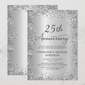 銀のグリッター メタリック 25周年記念の結婚式 招待状 (正面/裏面)