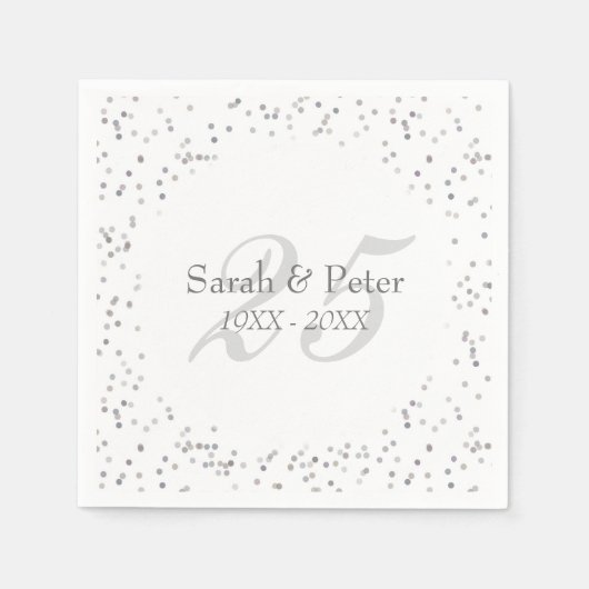 銀のスターダストの紙吹雪で25周年記念結婚式をお祝い スタンダードカクテルナプキン (正面)