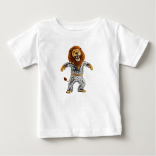 銀のスパンコールで輝くディスコダンスのユーモラスなライオン ベビーTシャツ