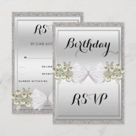 銀のスパンコールと花の宝石が輝くリボンRSVP 招待状