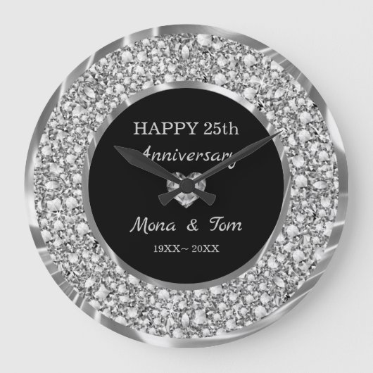 銀のダイヤモンドとハート ラージ壁時計 (正面)