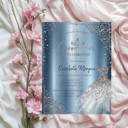 銀のダイヤモンドフレームドレス Quinceañera  招待状
