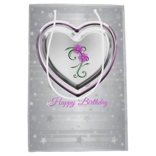 銀のハートと紫の花 ミディアムペーパーバッグ (正面)