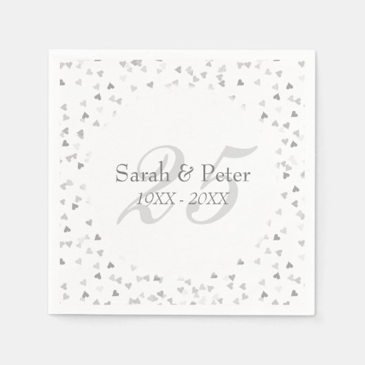 銀のハートの紙吹雪 25回目の結婚記念日 スタンダードカクテルナプキン (正面)