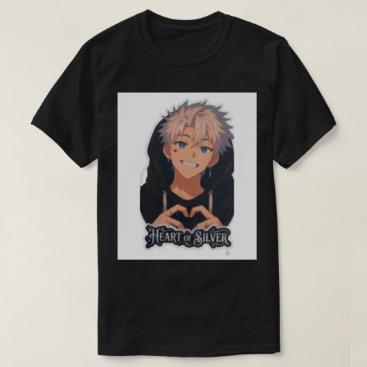 銀のハート アニメ少年 - 美意識のハートハンド Tシャツ (デザイン正面)