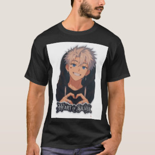 銀のハート アニメ少年 - 美意識のハートハンド Tシャツ