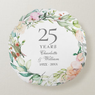 銀のバラのフラワーデザイン 25周年記念の結婚記念日 ラウンドクッション
