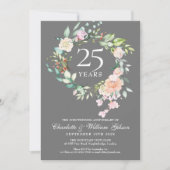 銀のバラの花の25回目 結婚記念日 招待状 (正面)